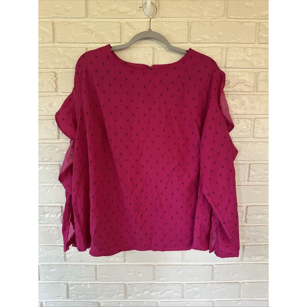 AVA VIV Pink Polka Dot Blouse Ruffle Long Sleeve Plus 2X Round Neck Keyhole Back
